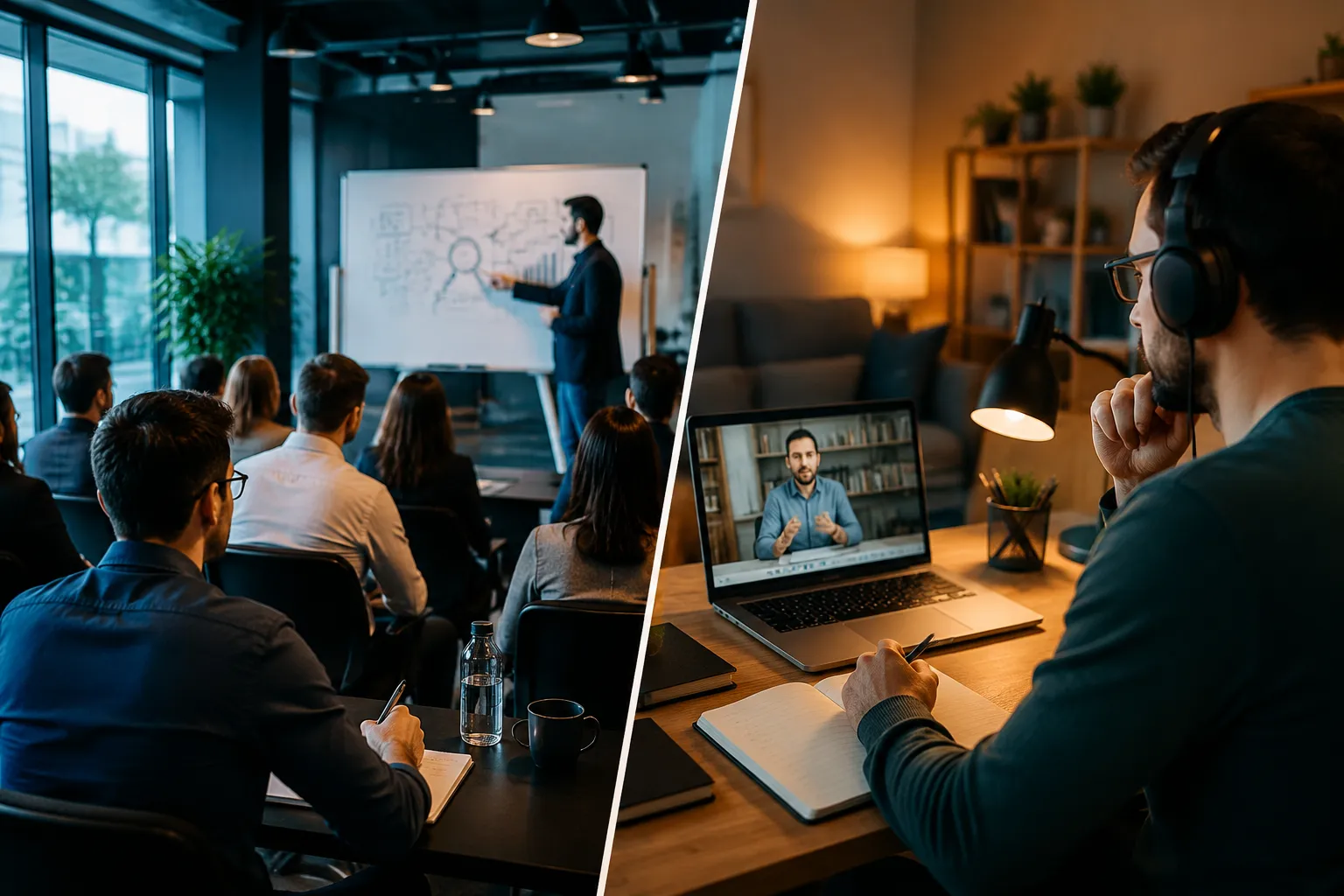() showing a split visual comparison: left side a person attending an in-person SEO seminar in a modern conference room with