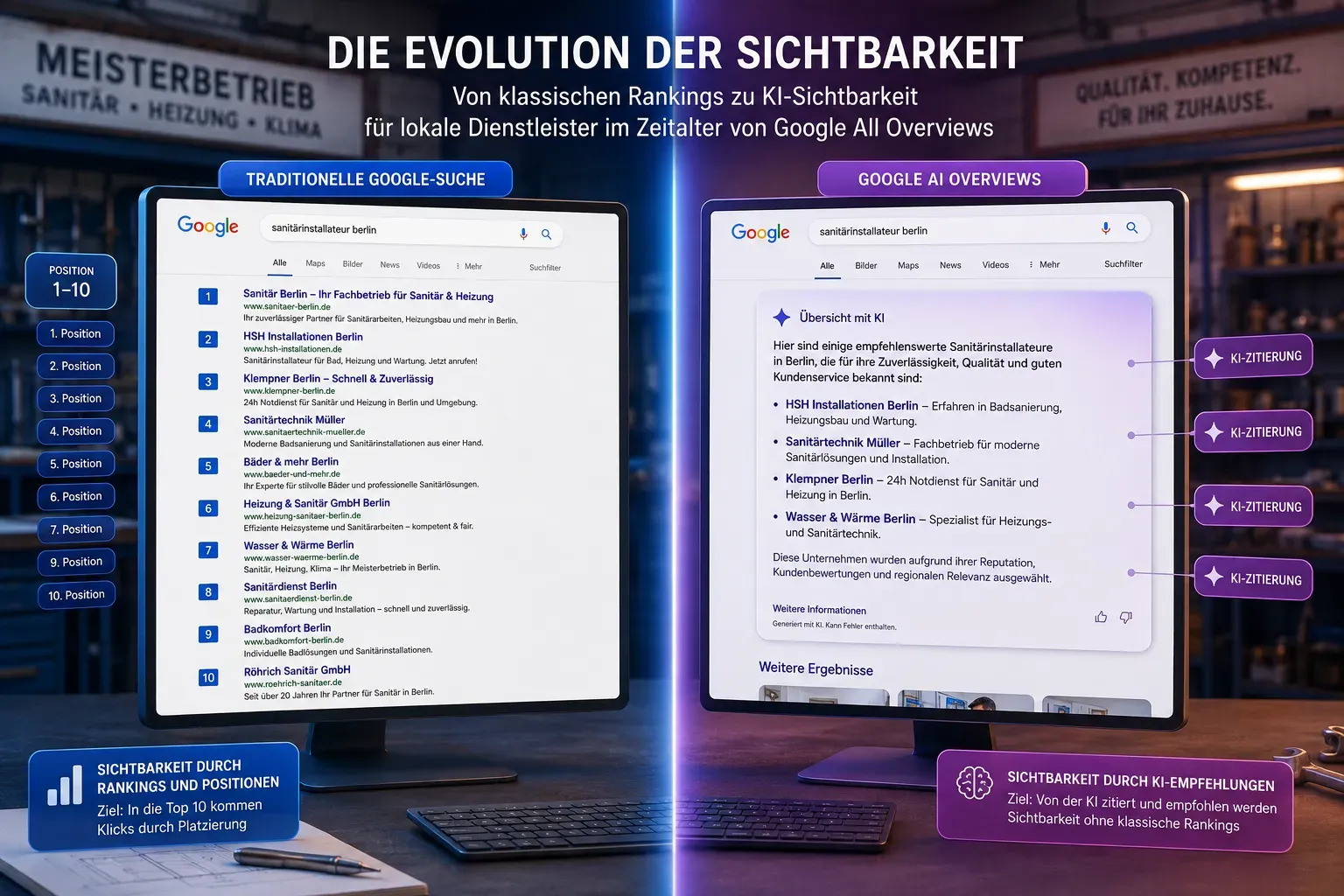 Split-screen editorial comparison showing the evolution of search visibility: left half displays a traditional Google search