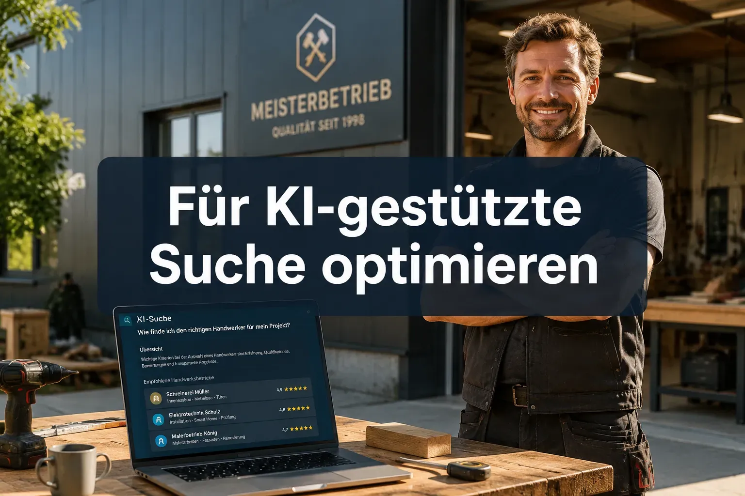Professional () editorial hero image with short German 'Für KI-gestützte Suche optimieren' in crisp white on a dark navy