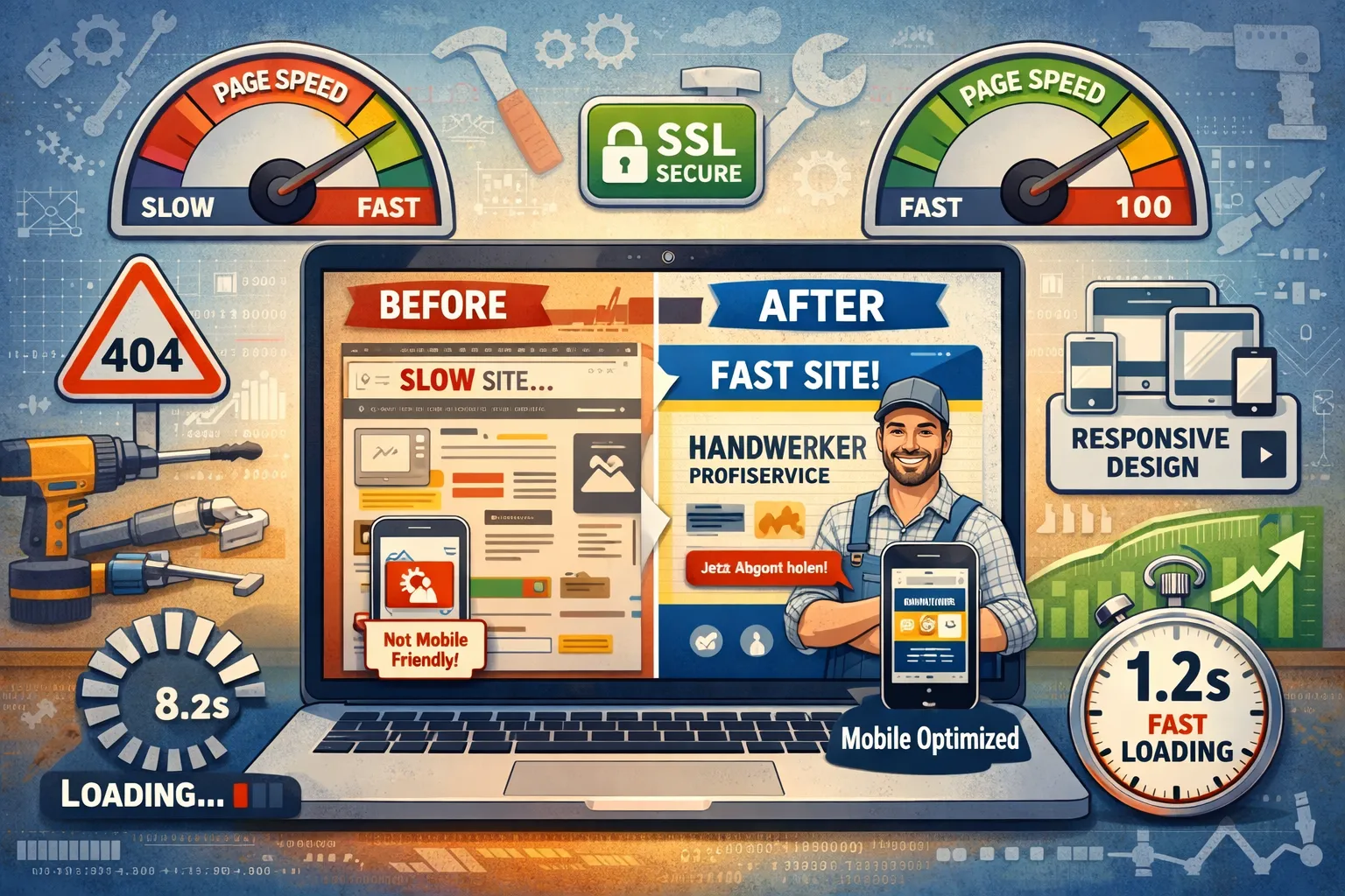 Landscape format (1536x1024) detailed illustration showing website optimization process for handwerker business. Central laptop displays bef