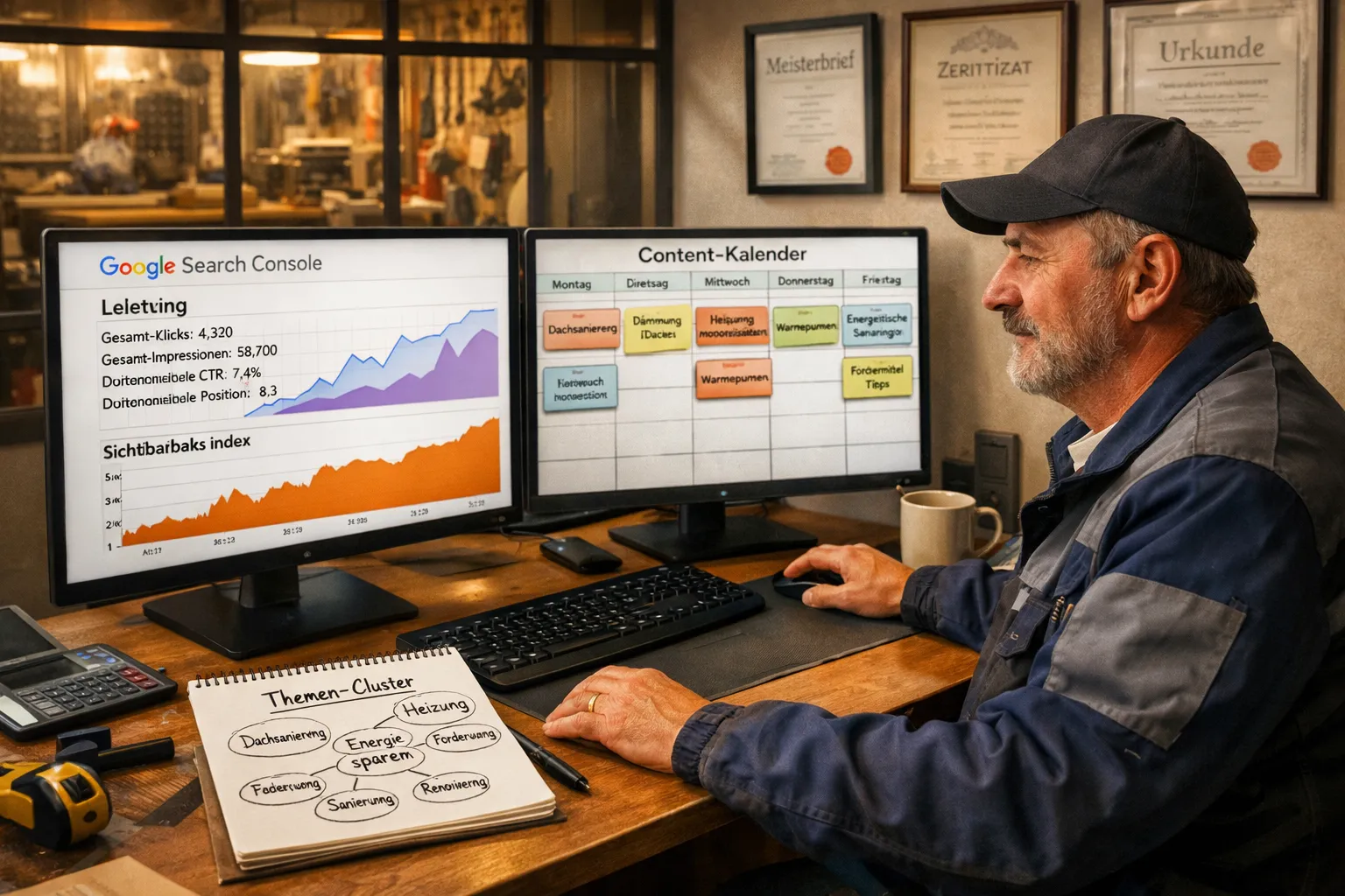 Querformat () Fotorealistische Szene eines Handwerker-Meisters am Schreibtisch mit zwei Monitoren. Linker Monitor zeigt