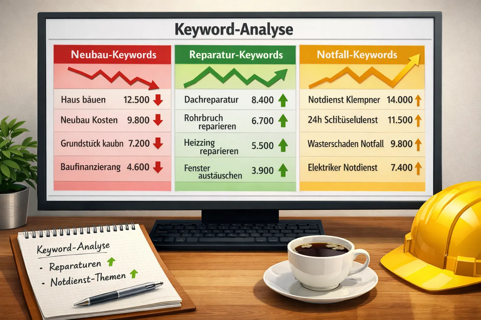 () infographic-style composition showing keyword research dashboard on desktop monitor. Screen displays three columns
