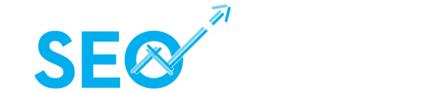 Logo of The SEO Room with blue and white typography, featuring an upward pointing arrow integrated into the text design.