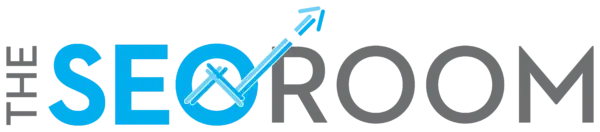 Logo of The SEO Room with blue and grey text, featuring an upward arrow symbolising growth.