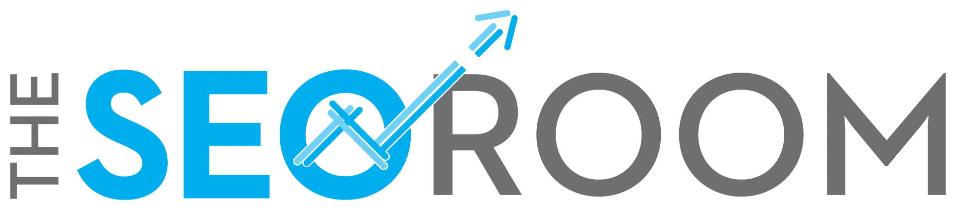 Logo of The SEO Room with blue and grey text, featuring an upward arrow symbolising growth.