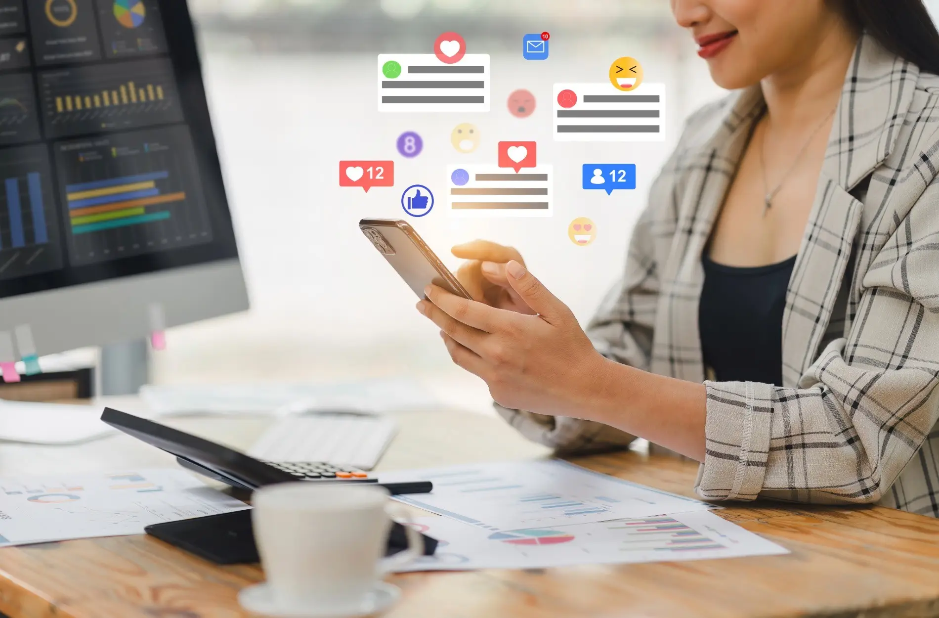A woman using a smartphone, surrounded by digital social media icons and analytics charts, illustrating the concept of leveraging social signals for SEO.