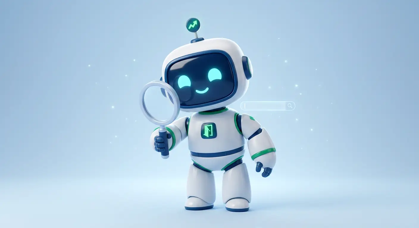 Scout - The SEO Room SEO agent robot mascot with magnifying glass
