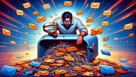 A man sitting in a box full of LinkedIn messages.