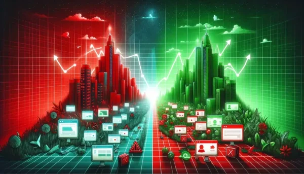 An image of a city with green and red buildings.