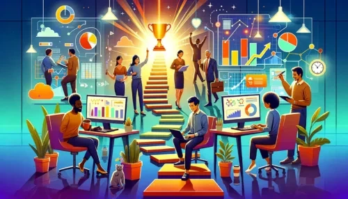 A group of people working on computers with a trophy in the background.