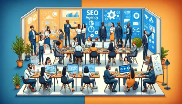 A group of people sitting at a table with seo posters on the wall.
