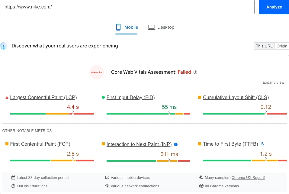 A screenshot of the page speed insights