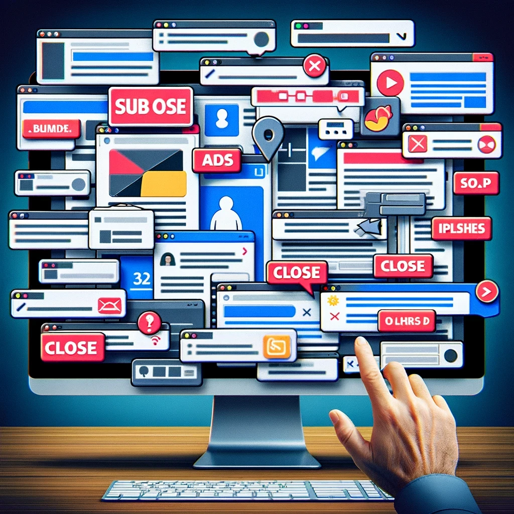 A hand pointing at a computer screen full of social media icons.