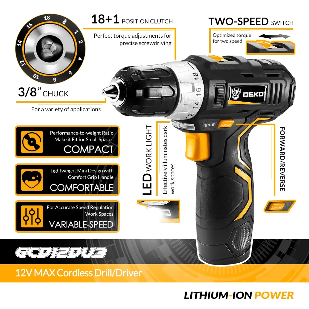 ⁦מברגה נטענת 12V מבית DEKO דגם GCD12DU3⁩ – תמונה ⁦2⁩