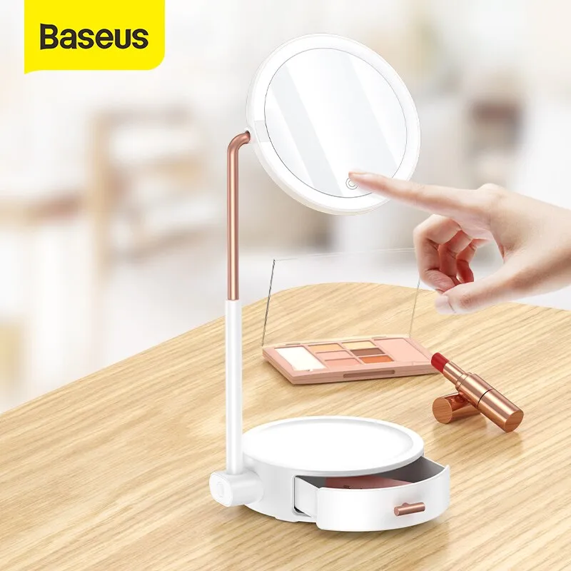 מראת איפור ניידת מבית Baseus עם מסגרת תאורה ומגירת אחסון