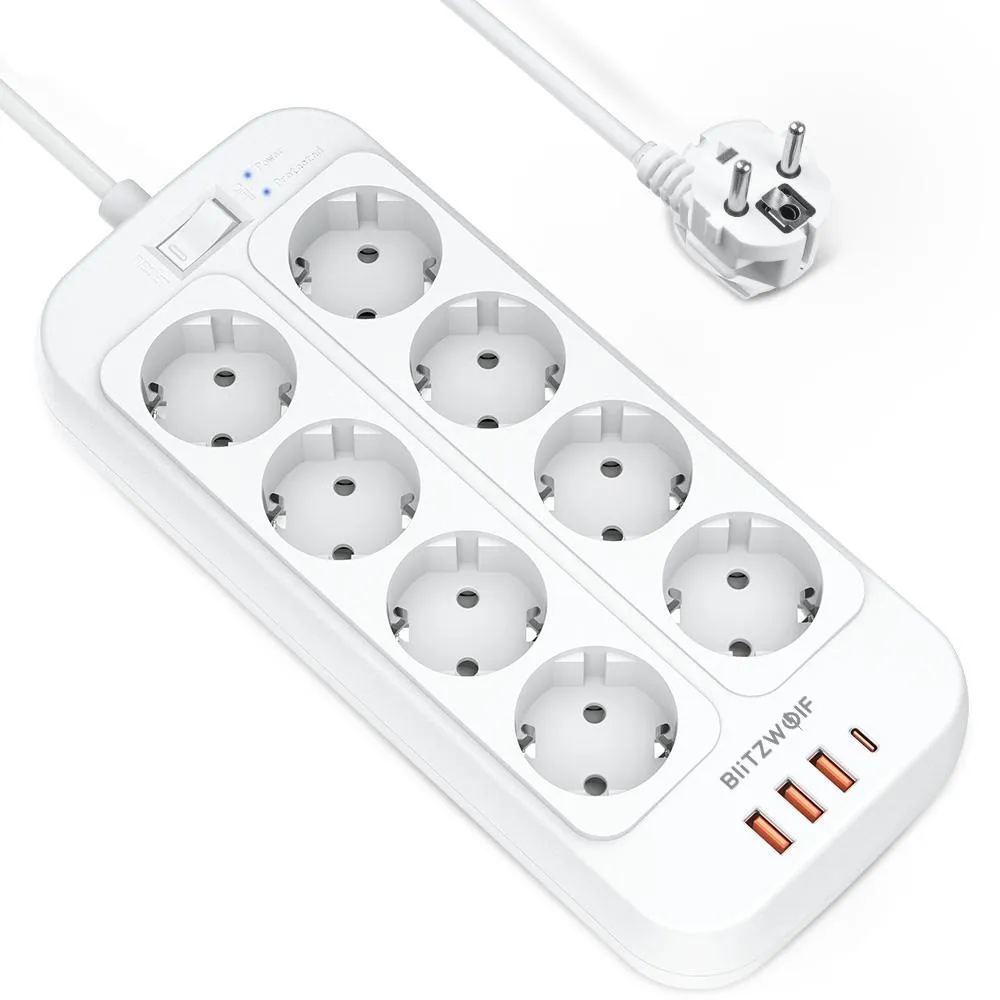 רב שקע 8 שקעים כולל 3 יציאות USB ועוד יציאה טייפ סי BlitzWolf 2500W