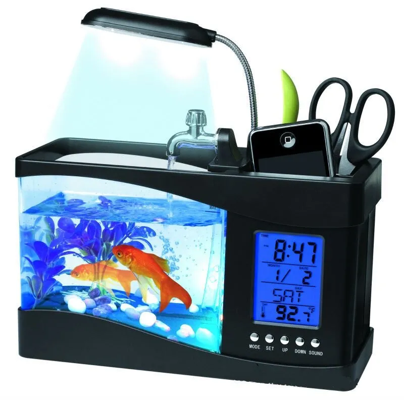 אקווריום שולחני לבית ולמשרד עם תאורת LCD ושעון דיגיטלי! – תמונה 5
