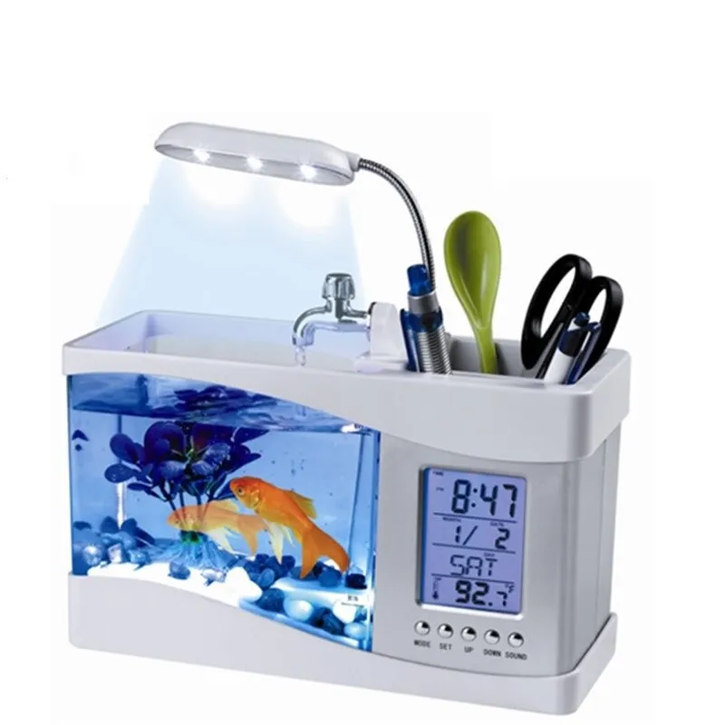 אקווריום שולחני לבית ולמשרד עם תאורת LCD ושעון דיגיטלי!