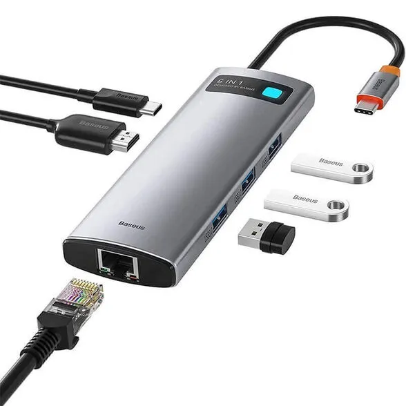תחנת עגינה BASEUS בחיבור USB TYPE C -6 in 1 - כולל HDMI, רשת GIGABIT, חיבורי USB3.0 וטעינה PD