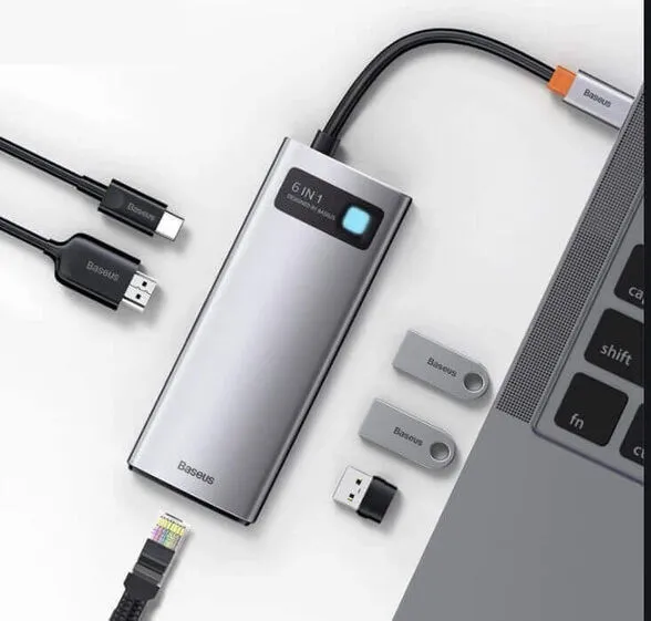 תחנת עגינה BASEUS בחיבור USB TYPE C -6 in 1 - כולל HDMI, רשת GIGABIT, חיבורי USB3.0 וטעינה PD