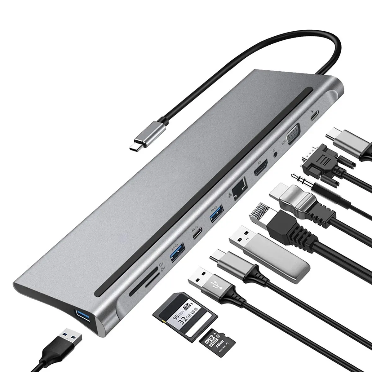 תחנת עגינה/מתאם מ- TYPE C ל- 2 מסכים, חיבור רשת RJ45, חיבור טעינה מהירה PD, קורא כרטיסי זיכרון ו-2 שקעי USB 3.0