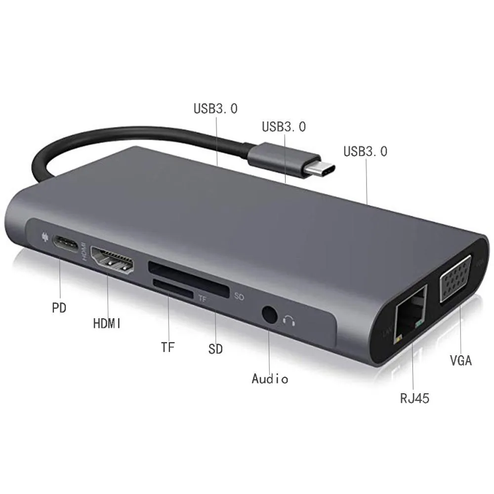 תחנת עגינה/מתאם מ- TYPE C לחיבור רשת RJ45, חיבור VGA, HDMI, חיבור טעינה מהירה PD, קורא כרטיסי זיכרון ו-3 שקעי USB3.0 – תמונה 6