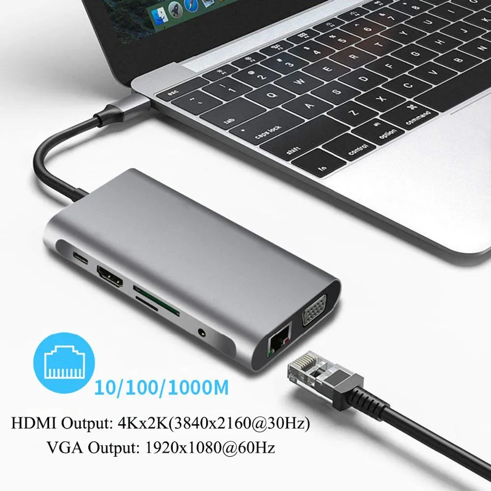 תחנת עגינה/מתאם מ- TYPE C לחיבור רשת RJ45, חיבור VGA, HDMI, חיבור טעינה מהירה PD, קורא כרטיסי זיכרון ו-3 שקעי USB3.0 – תמונה 3