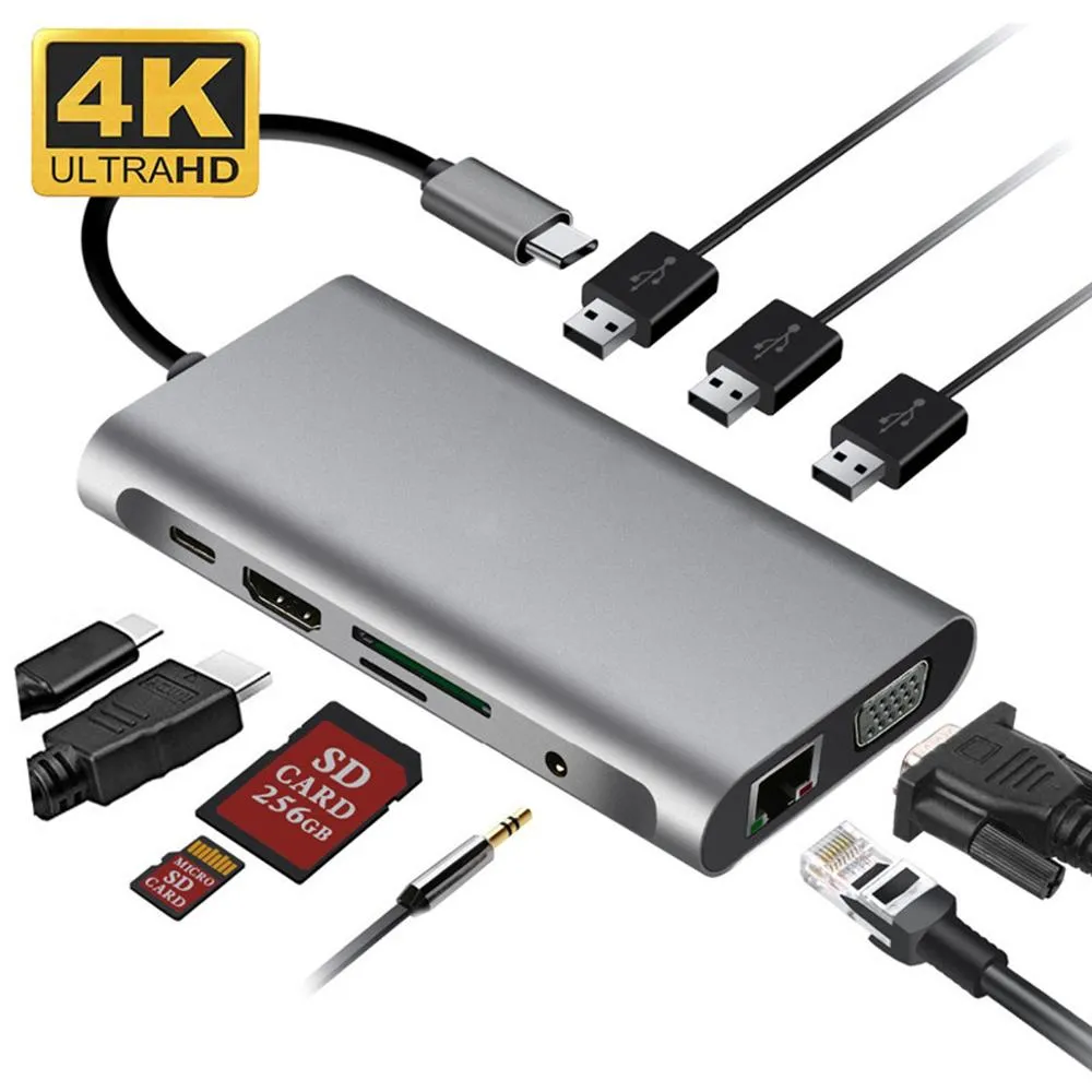 תחנת עגינה/מתאם מ- TYPE C לחיבור רשת RJ45, חיבור VGA, HDMI, חיבור טעינה מהירה PD, קורא כרטיסי זיכרון ו-3 שקעי USB3.0 – תמונה 2