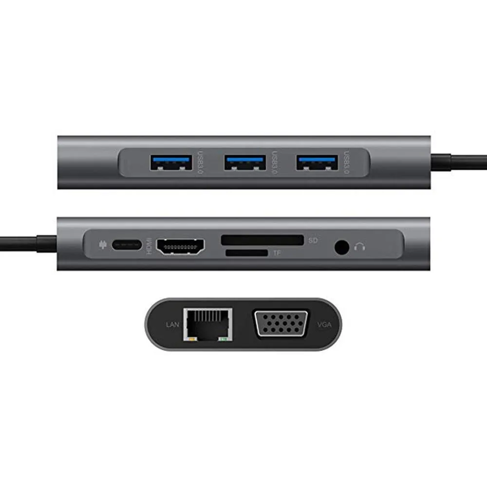 תחנת עגינה/מתאם מ- TYPE C לחיבור רשת RJ45, חיבור VGA, HDMI, חיבור טעינה מהירה PD, קורא כרטיסי זיכרון ו-3 שקעי USB3.0 – תמונה 5