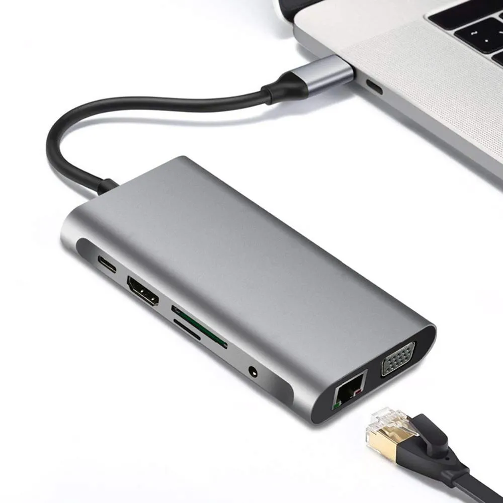 תחנת עגינה/מתאם מ- TYPE C לחיבור רשת RJ45, חיבור VGA, HDMI, חיבור טעינה מהירה PD, קורא כרטיסי זיכרון ו-3 שקעי USB3.0