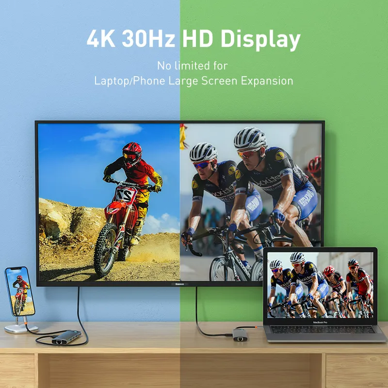 תחנת עגינה BASEUS בחיבור USB TYPE C -6 in 1 - כולל HDMI, רשת GIGABIT, חיבורי USB3.0 וטעינה PD – תמונה 4