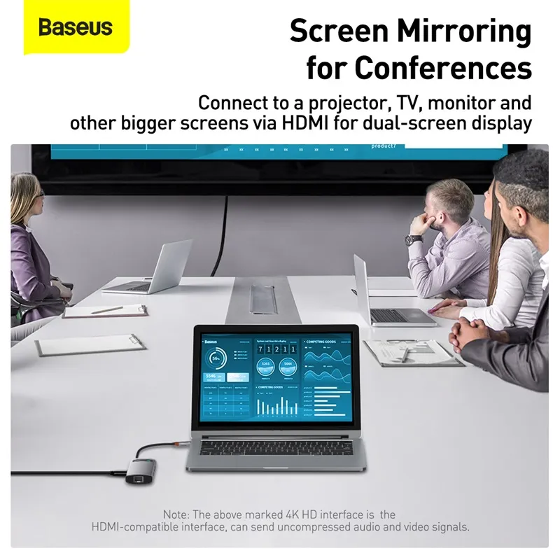 תחנת עגינה BASEUS בחיבור USB TYPE C -6 in 1 - כולל HDMI, רשת GIGABIT, חיבורי USB3.0 וטעינה PD – תמונה 5