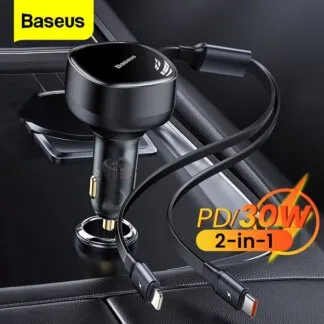 מטען רכב מהיר Baseus עם כבל מתגלגל וחיבור לאנדרואיד ולאייפון!