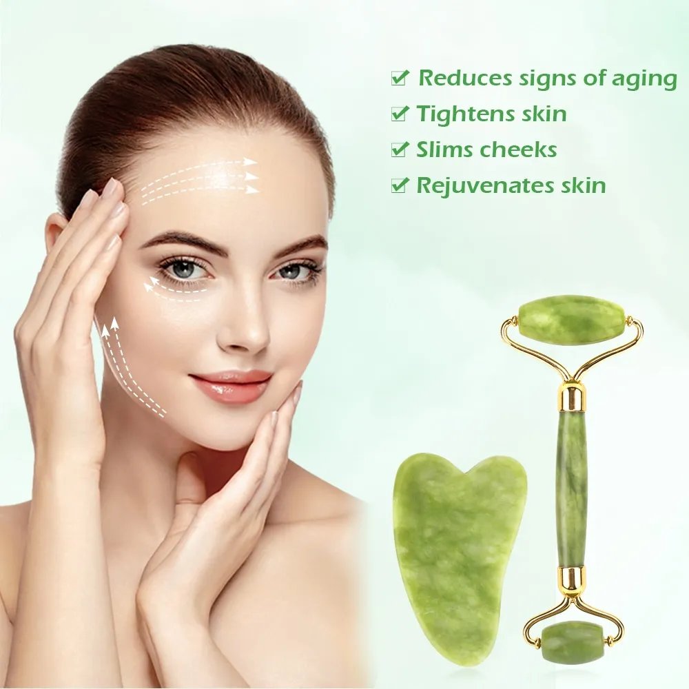 גוואשה ירוקה– GUA SHA – סט רולר ואבן לעיסוי הפנים – תמונה 2