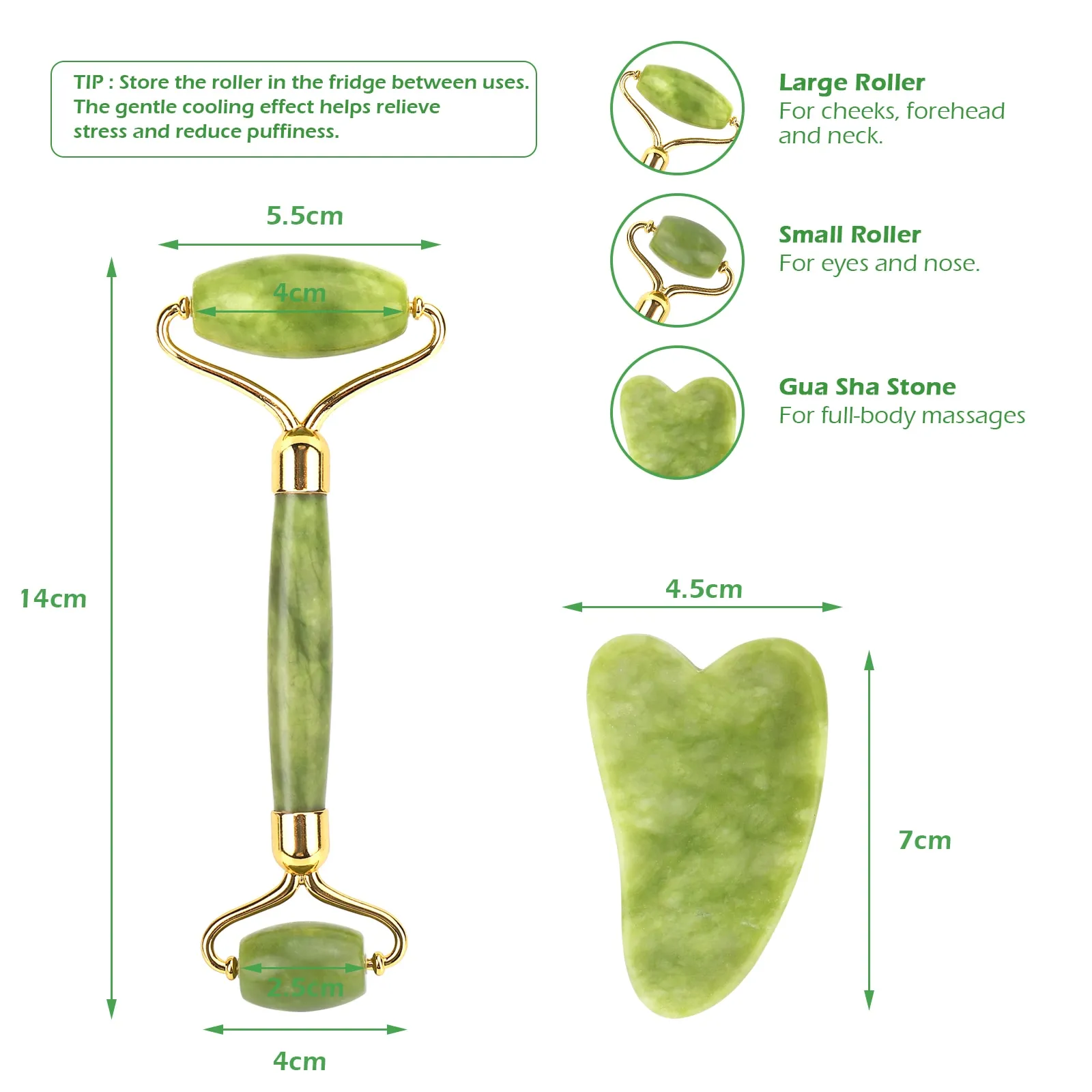 גוואשה ירוקה– GUA SHA – סט רולר ואבן לעיסוי הפנים – תמונה 4