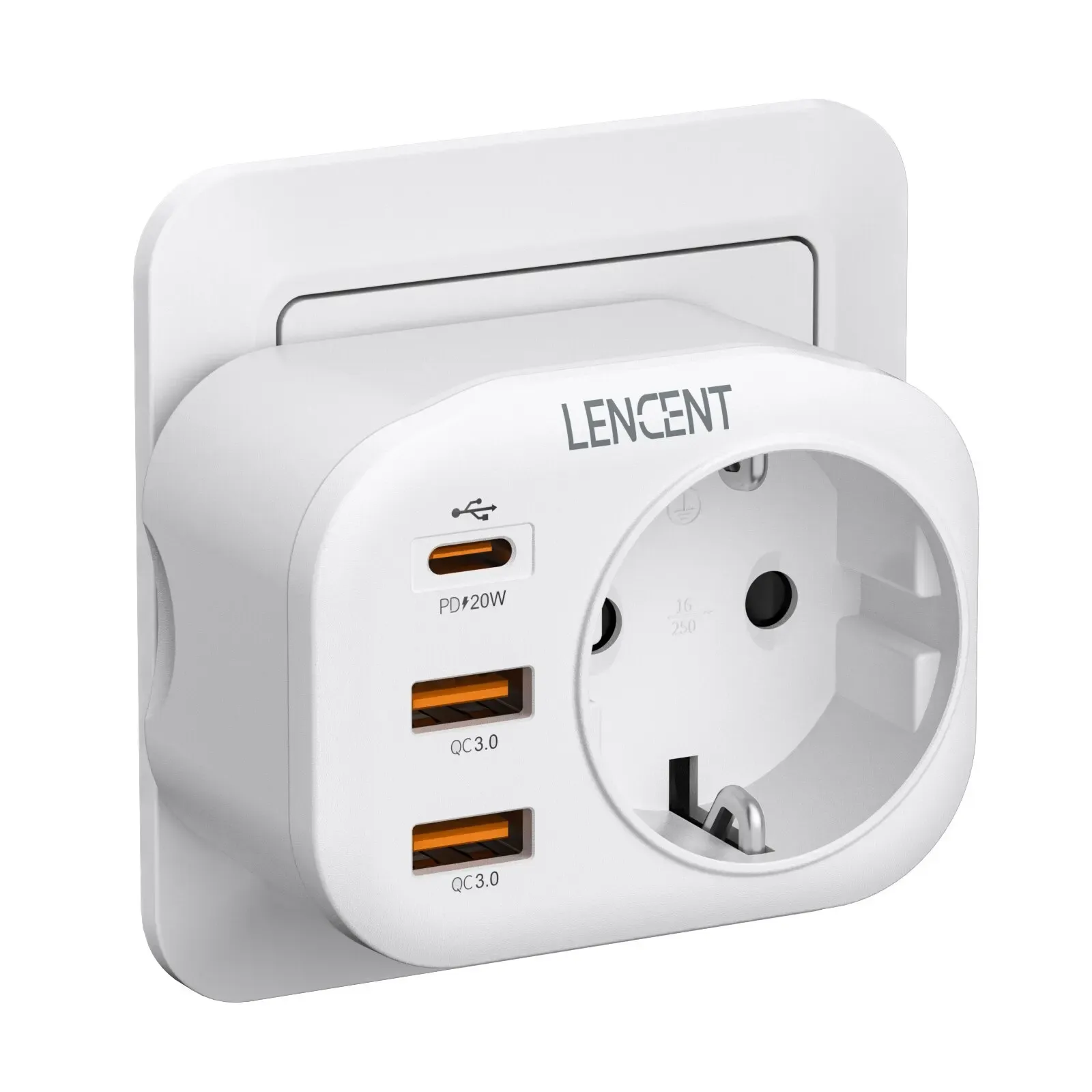 מטען קיר 20W מבית LENCENT עם חיבור לשקע, 2 חיבורי USB וחיבור Type C