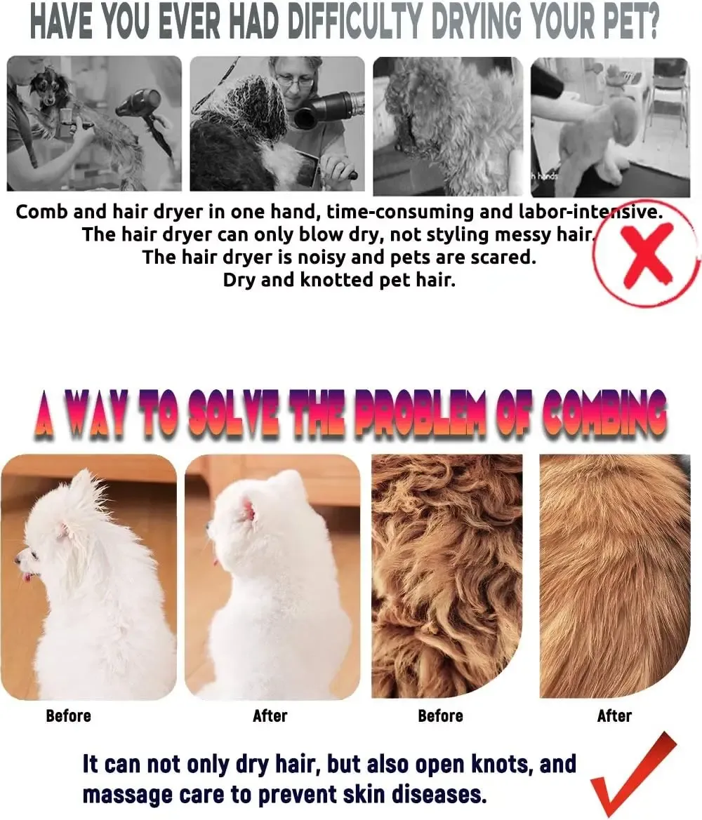 Pet Hair Dryer 2 with Slicker Brush Grooming for Cat and Dog Brush Professional Home Grooming Furry Drying Portable Dog Blower