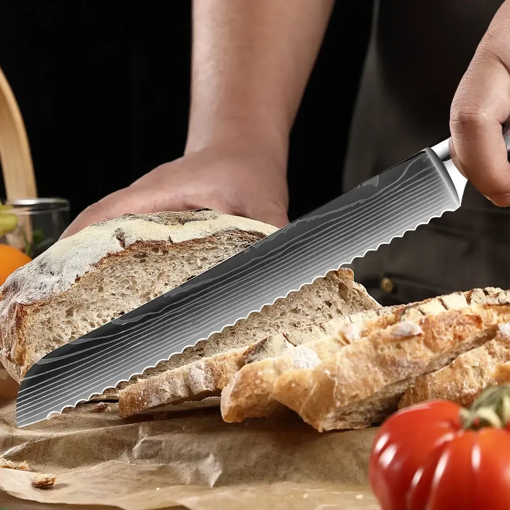 ⁦סט 8 סכיני שף מקצועיים עשויים פלדה יפנית עשירה בפחמן בגימור עיטורי דמשק⁩ – תמונה ⁦6⁩