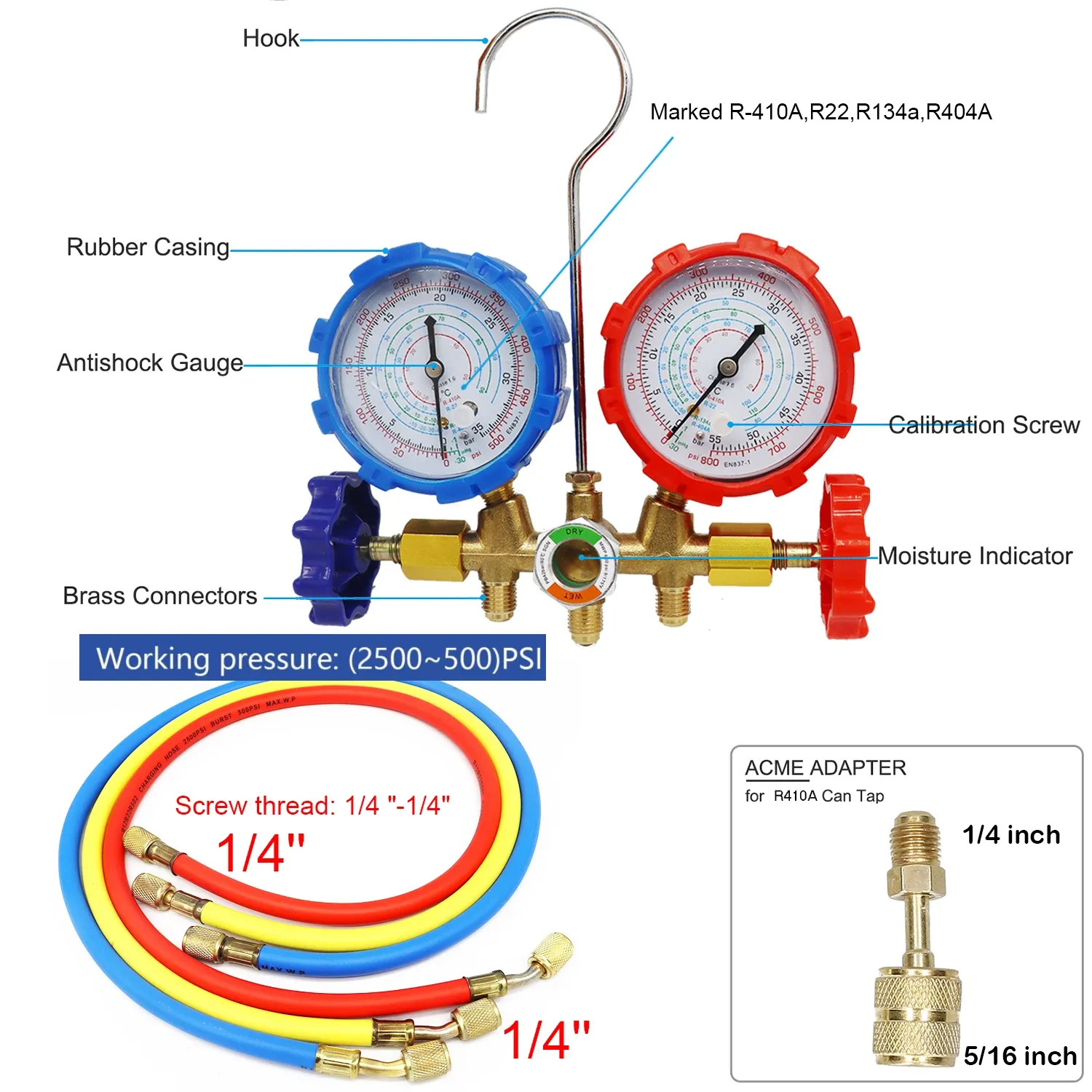 R410A R22 R134a R404A Manifold Gauge Set HVAC A/C Refrigeration Charging Service with Hoses Adjustable Couplers Adapter Can Tap R410A R22 R134a R404A Manifold Gauge Set HVAC A/C Refrigeration Charging Service with Hoses Adjustable Couplers Adapter Can Tap