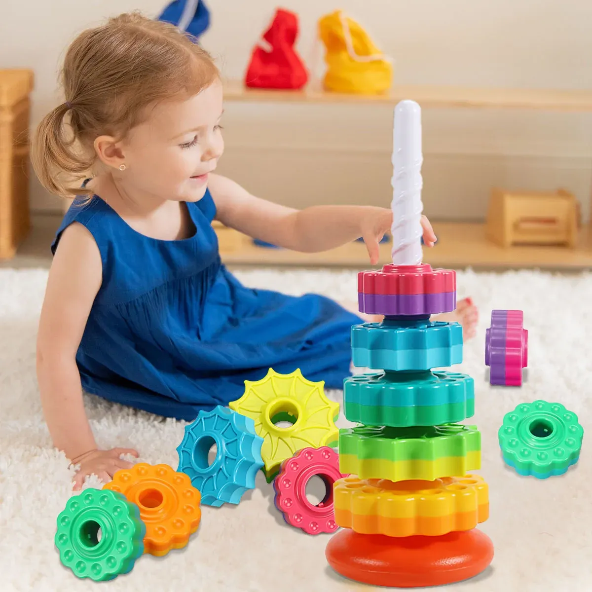 Montessori Rotating Rainbow Tower Baby Stacking Puzzle Toys Safety and Environmental Protection Colored Children's Toys Montessori Rotating Rainbow Tower Baby Stacking Puzzle Toys Safety and Environmental Protection Colored Children's Toys