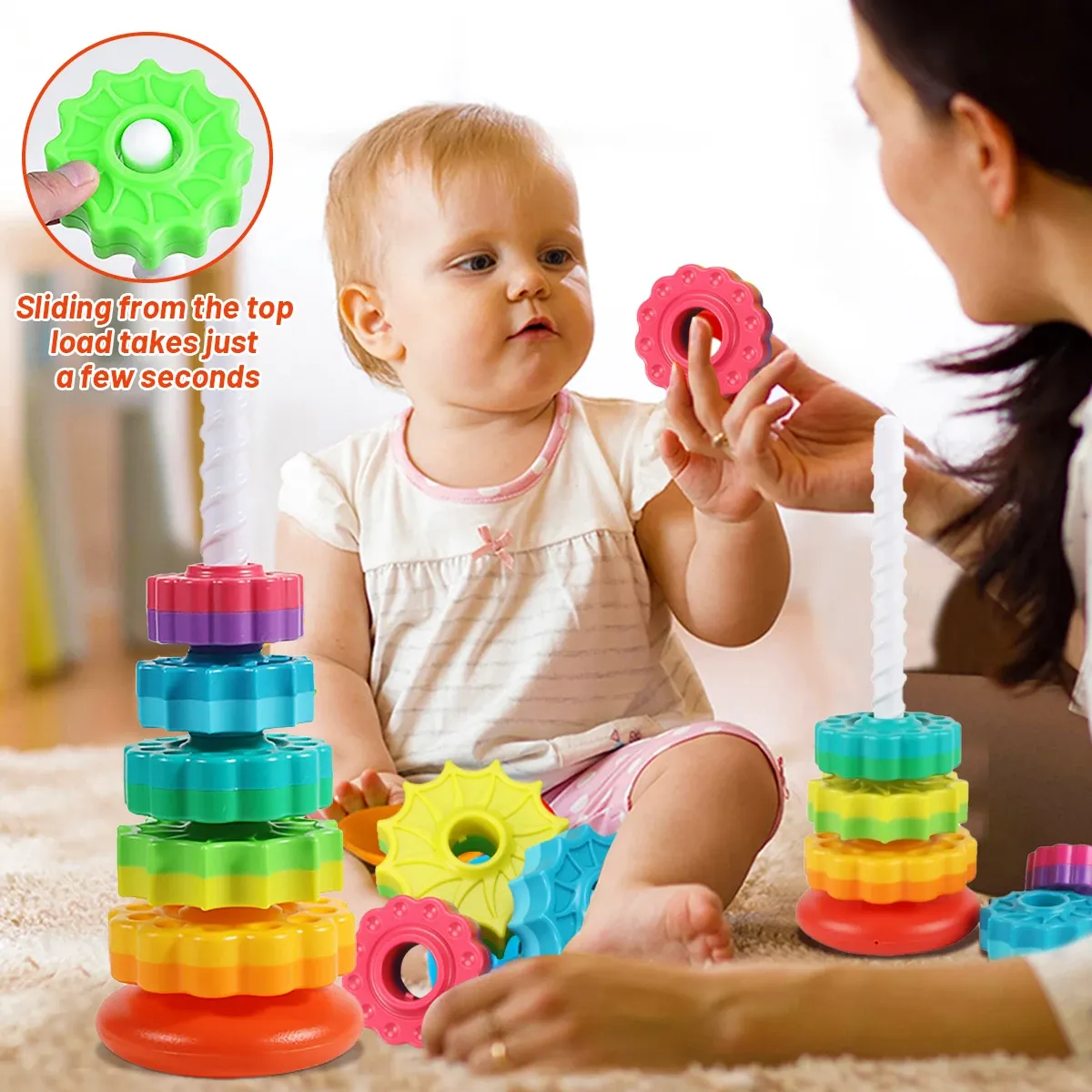 Montessori Rotating Rainbow Tower Baby Stacking Puzzle Toys Safety and Environmental Protection Colored Children's Toys Montessori Rotating Rainbow Tower Baby Stacking Puzzle Toys Safety and Environmental Protection Colored Children's Toys