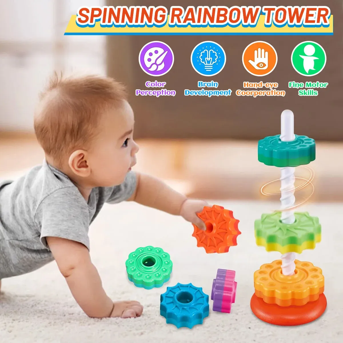 ⁦צעצוע חינוכי לתינוקות וילדים קטנים - בניית מגדל צבעוני באמצעות הברגה מונטסורי⁩ – תמונה ⁦2⁩