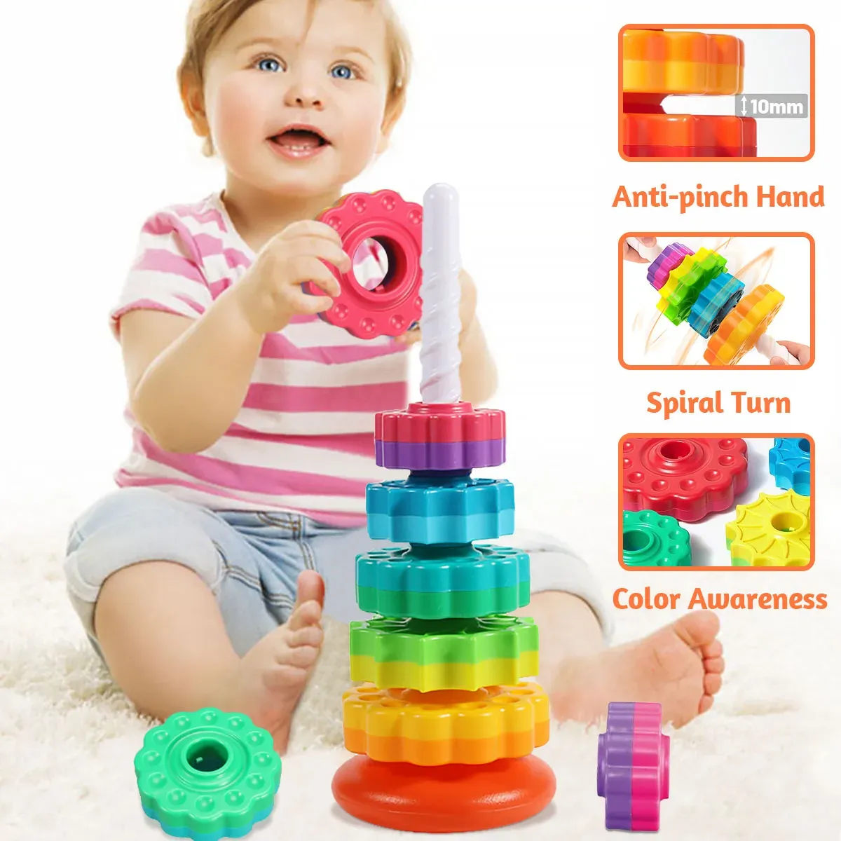 ⁦צעצוע חינוכי לתינוקות וילדים קטנים - בניית מגדל צבעוני באמצעות הברגה מונטסורי⁩ – תמונה ⁦5⁩