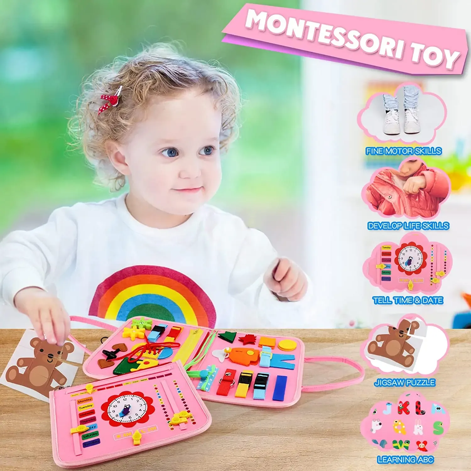 Montessori Toys Busy Board Sensory Activity Developing Board for Motor Skills,Learning Board for Toddlers Montessori Toys Busy Board Sensory Activity Developing Board for Motor Skills,Learning Board for Toddlers