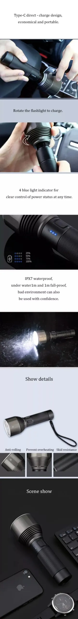 Nextool Rechargeable Flashlight 5000mAh 2000lm 380M 5 Modes IPX7 Waterproof LED Light Type-C Searching Light for Camping Outdoor Nextool Rechargeable Flashlight 5000mAh 2000lm 380M 5 Modes IPX7 Waterproof LED Light Type-C Searching Light for Camping Outdoor