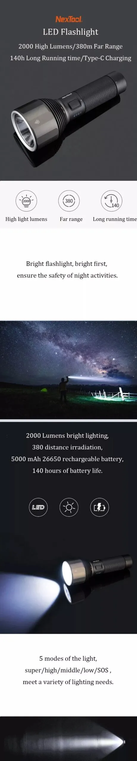 Nextool Rechargeable Flashlight 5000mAh 2000lm 380M 5 Modes IPX7 Waterproof LED Light Type-C Searching Light for Camping Outdoor Nextool Rechargeable Flashlight 5000mAh 2000lm 380M 5 Modes IPX7 Waterproof LED Light Type-C Searching Light for Camping Outdoor