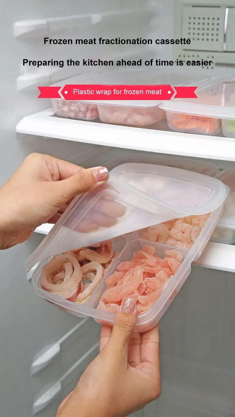 Transparent Four Grid Refrigerator Large Capacity Storage Box Frozen Meat Compartment Food Sub-packed Kitchen Tools
