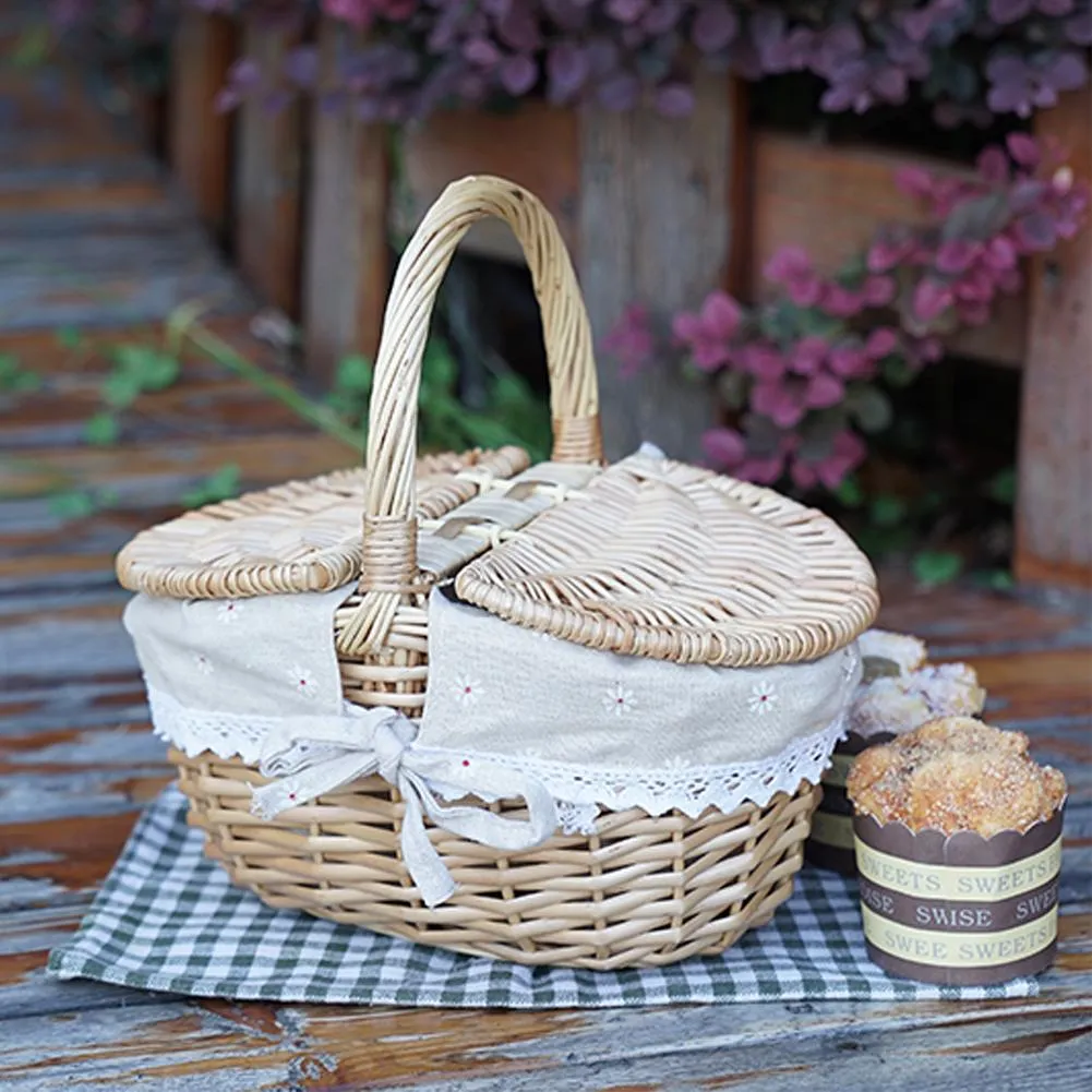 Handmade Wicker Picnic Basket with Lid Handle Picnic Hamper Washable Lining Willow Woven Storage Hamper For outdoor Camping Handmade Wicker Picnic Basket with Lid Handle Picnic Hamper Washable Lining Willow Woven Storage Hamper For outdoor Camping