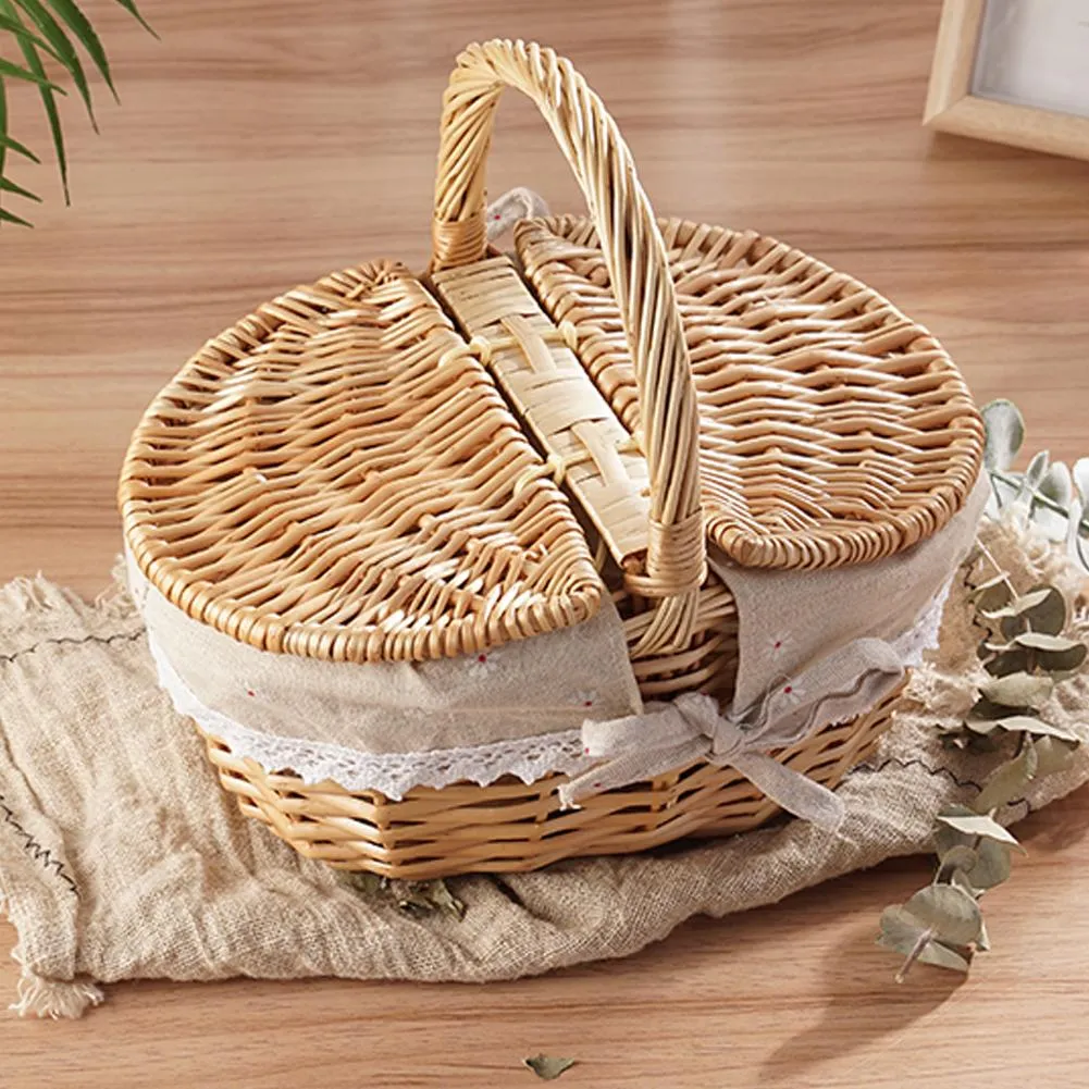 Handmade Wicker Picnic Basket with Lid Handle Picnic Hamper Washable Lining Willow Woven Storage Hamper For outdoor Camping Handmade Wicker Picnic Basket with Lid Handle Picnic Hamper Washable Lining Willow Woven Storage Hamper For outdoor Camping