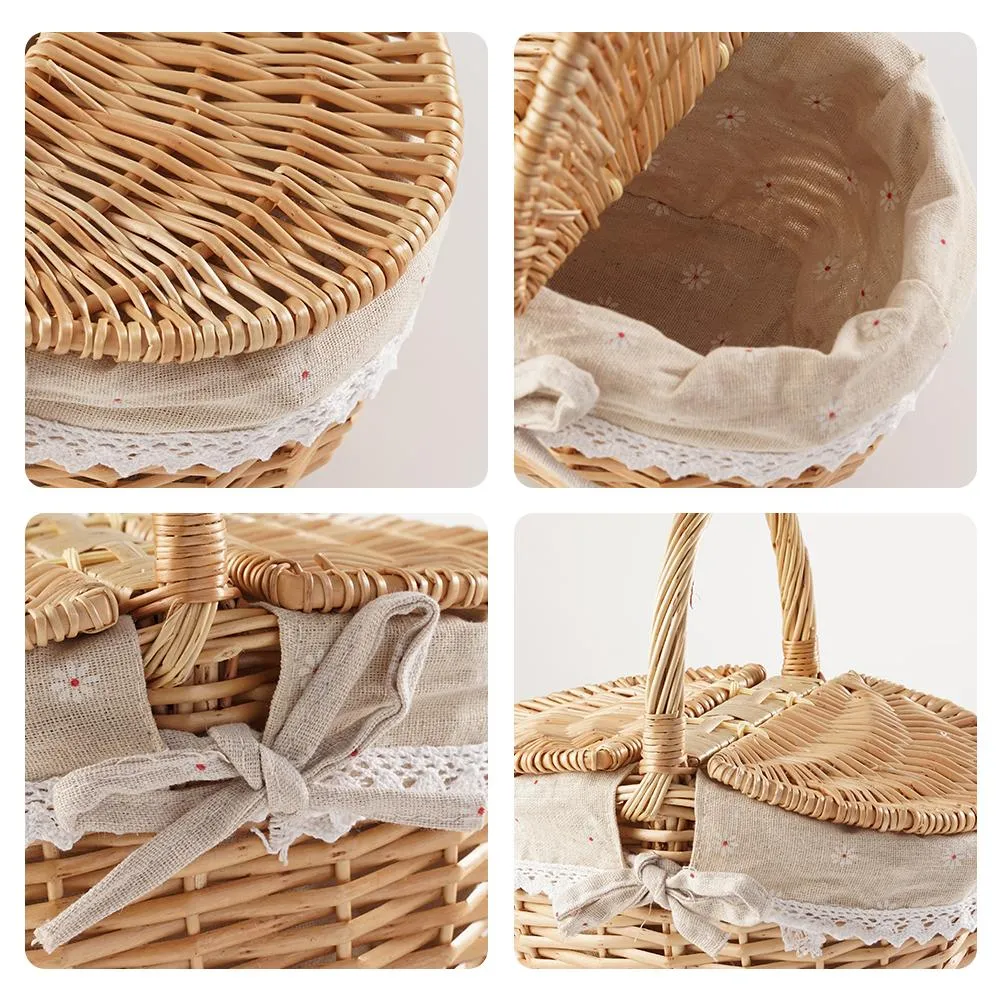 Handmade Wicker Picnic Basket with Lid Handle Picnic Hamper Washable Lining Willow Woven Storage Hamper For outdoor Camping Handmade Wicker Picnic Basket with Lid Handle Picnic Hamper Washable Lining Willow Woven Storage Hamper For outdoor Camping